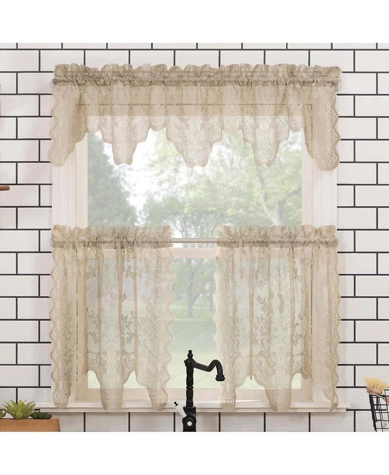 Alison Floral Lace Sheer Rod Pocket Kitchen Curtain Tier Pair