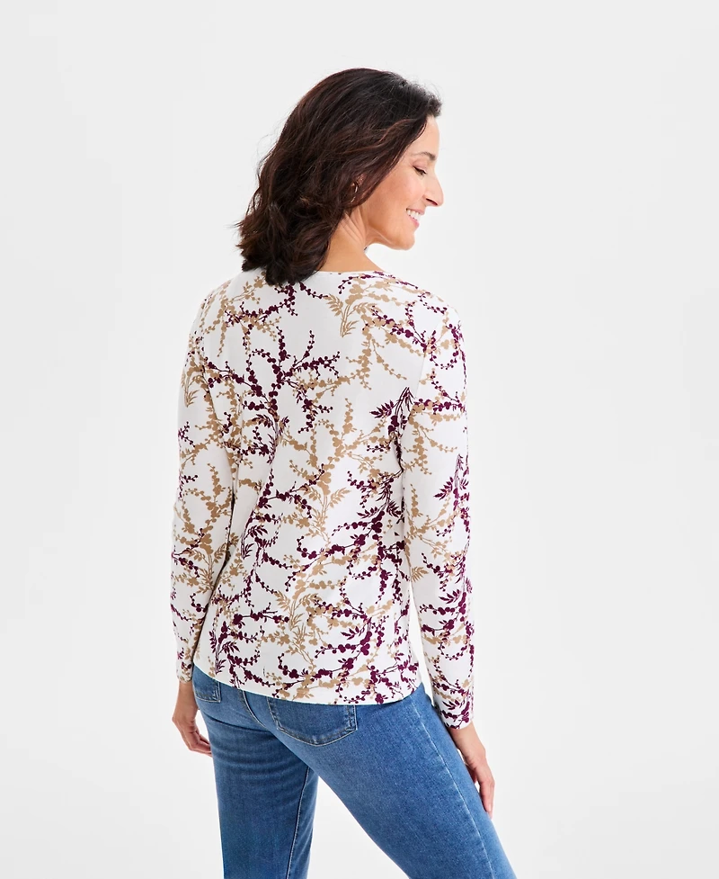 Style & Co Women's Printed Cotton Long-Sleeve Scoop-Neck Top, Created for Macy's