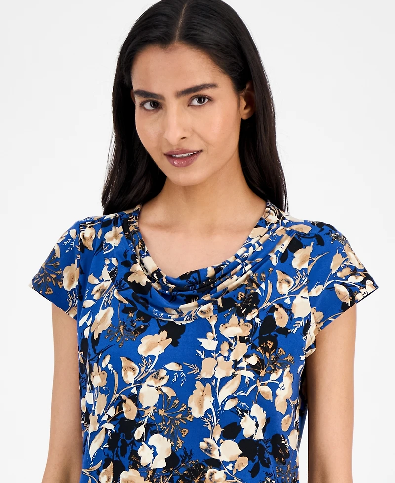 Kasper Floral-Print Cap-Sleeve Cowlneck Blouse, Regular & Petite