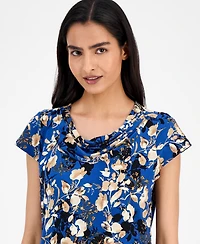 Kasper Floral-Print Cap-Sleeve Cowlneck Blouse, Regular & Petite