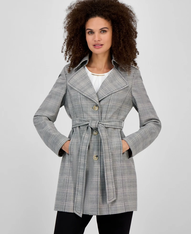 Kasper Plaid Belted Trench Coat, Regular & Petite