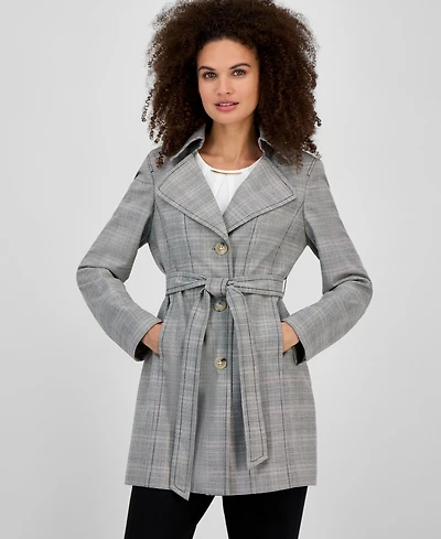 Kasper Plaid Belted Trench Coat, Regular & Petite