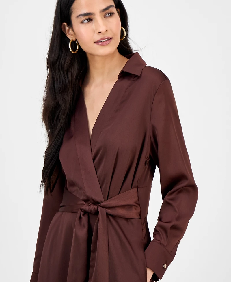 Tahari Asl Women's Collared V-Neck Tie-Waist Midi Dress