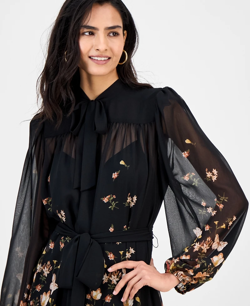 Tahari Asl Women's Tie-Neck Belted Long-Sleeve Dress