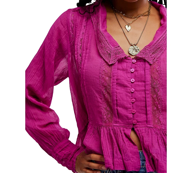 Free People Women's Elodie Lace-Trim Button-Front Blouse