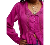 Free People Women's Elodie Lace-Trim Button-Front Blouse