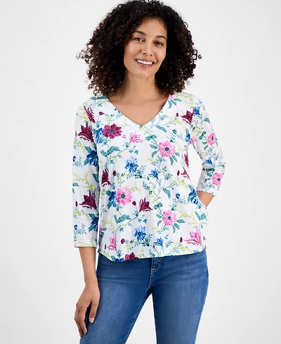 Style & Co Petite Chintz Floral V-Neck 3/4-Sleeve T-Shirt, Macy's Exclusive