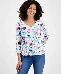 Style & Co Petite Chintz Floral V-Neck 3/4-Sleeve T-Shirt, Macy's Exclusive
