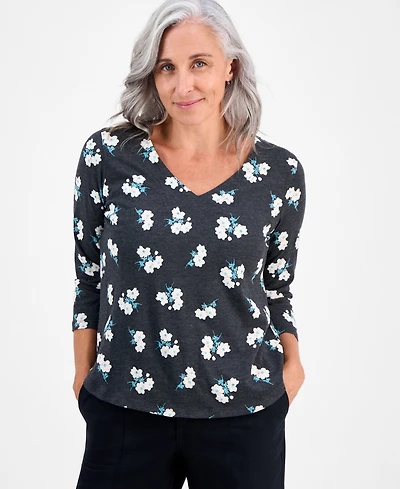 Style & Co Petite Chintz Floral V-Neck 3/4-Sleeve T-Shirt, Macy's Exclusive