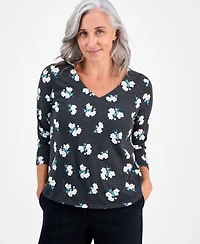 Style & Co Petite Chintz Floral V-Neck 3/4-Sleeve T-Shirt, Macy's Exclusive