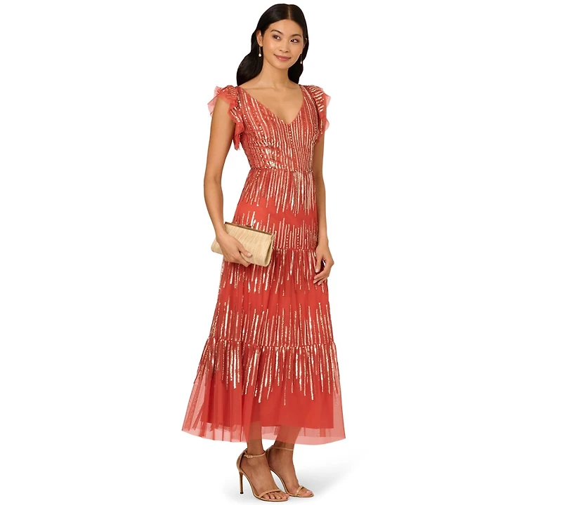 Adrianna Papell Women's Beaded Mesh Tiered Midi Dress