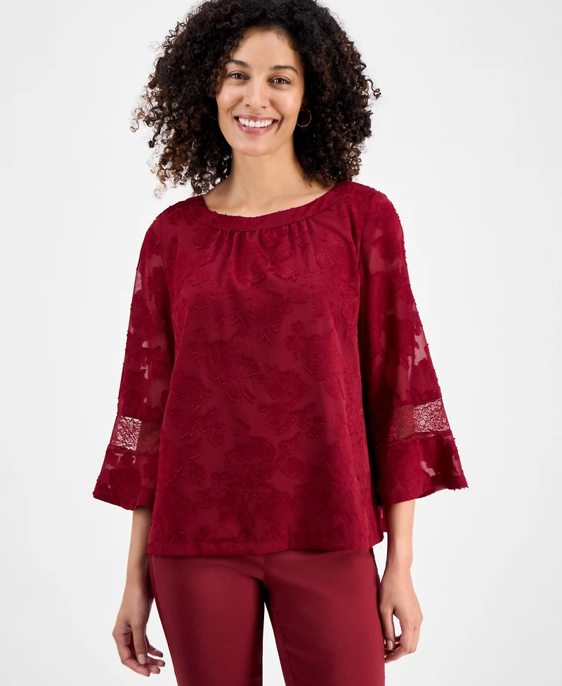 Jm Collection Petite Jacquard Lace-Inset Blouse, Macy's Exclusive