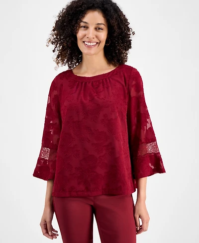 Jm Collection Petite Jacquard Lace-Inset Blouse, Macy's Exclusive
