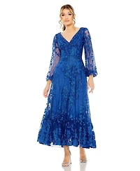 Mac Duggal Women's V Neck Mesh Puff Sleeve A Line Embellished Dress