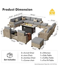 Xizzi15 Piece Outdoor Patio Furniture Sets with Fire Pit Table,Wicker Sectional Sofa Swivel Chairs,Solar Powered Coffee Table and Ottoman
