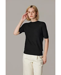 Jennie Liu Women's Funnel Neck Short Sleeve Sweater | 75% Merino Wool 25% Silk Ultra Soft Fine-gauge Knit Top Machine Washable