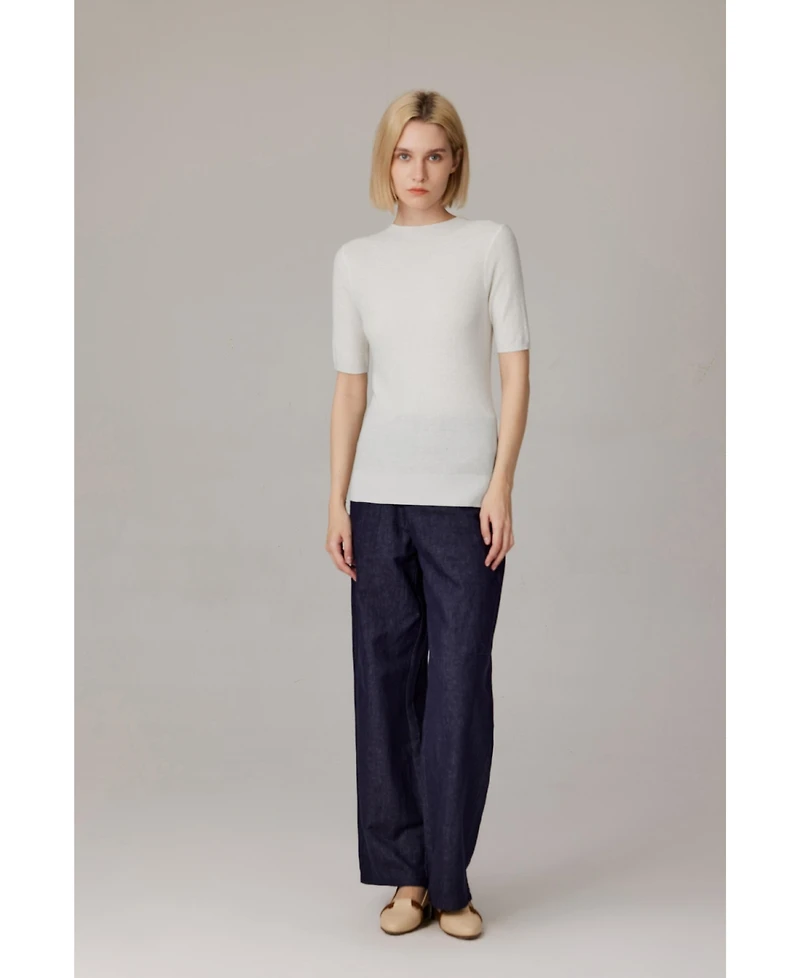 Jennie Liu Women's Funnel Neck Short Sleeve Sweater | 75% Merino Wool 25% Silk Ultra Soft Fine-gauge Knit Top Machine Washable