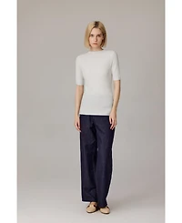 Jennie Liu Women's Funnel Neck Short Sleeve Sweater | 75% Merino Wool 25% Silk Ultra Soft Fine-gauge Knit Top Machine Washable