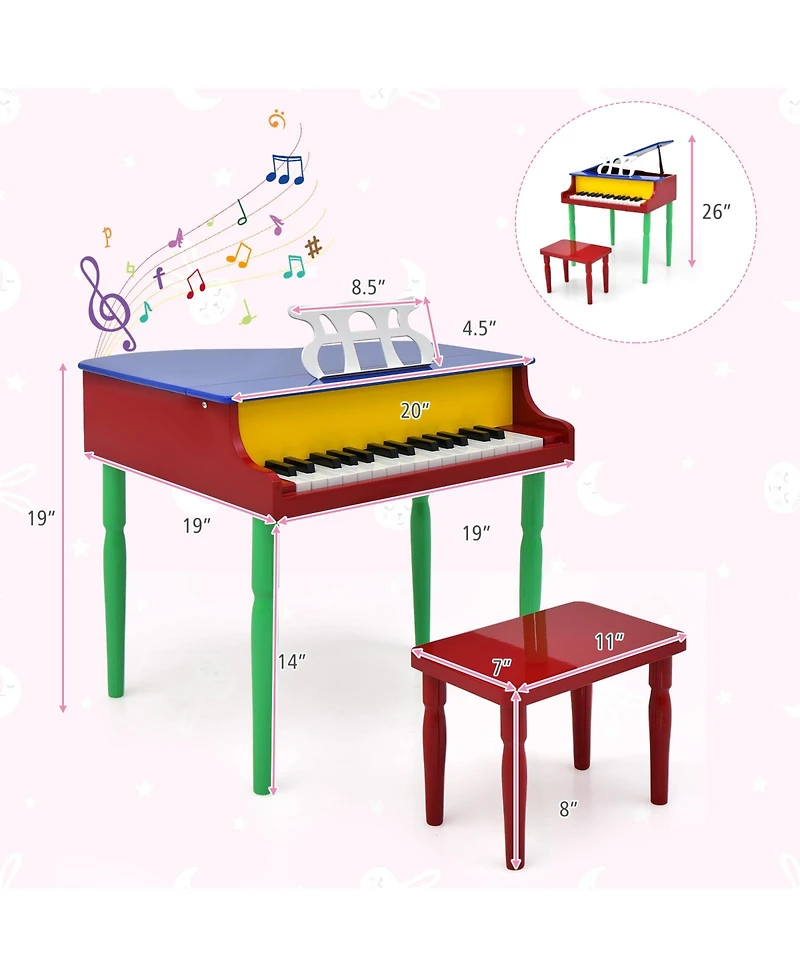 30-Key Wood Toy Kids Grand Piano with Bench and Music Rack