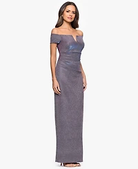 Xscape Women's Glitter Off-The-Shoulder Long Sheath Dress