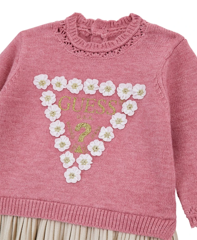 Guess Baby Girls 2-Piece Long Sleeve Mixed Fabric Dress and Coordinating Bloomer Set