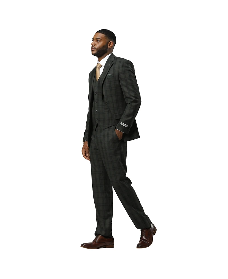 Stacy Adams Men's Glen Plaid Hybrid-Fit 3pc Notch Lapel Suit Set, Jacket Vest and Pants