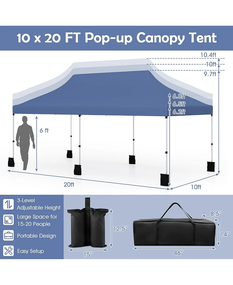 Gymax 10 x 20FT Pop-up Canopy Tent Folding Instant Sun Shelter w/ 3 Adjustable Heights