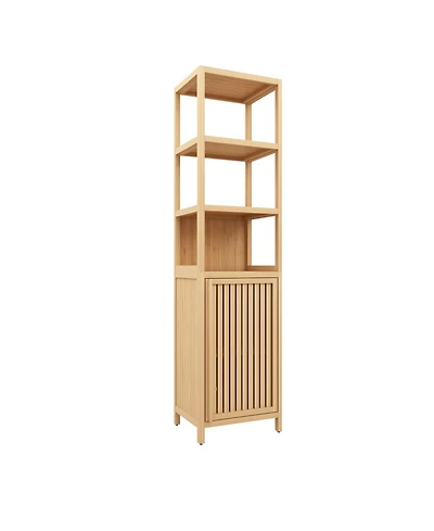 Casainc Tall Slim Storage Cabinet with Shutter Door and 3-Tier Shelves, Freestanding Bamboo Organizer for Home