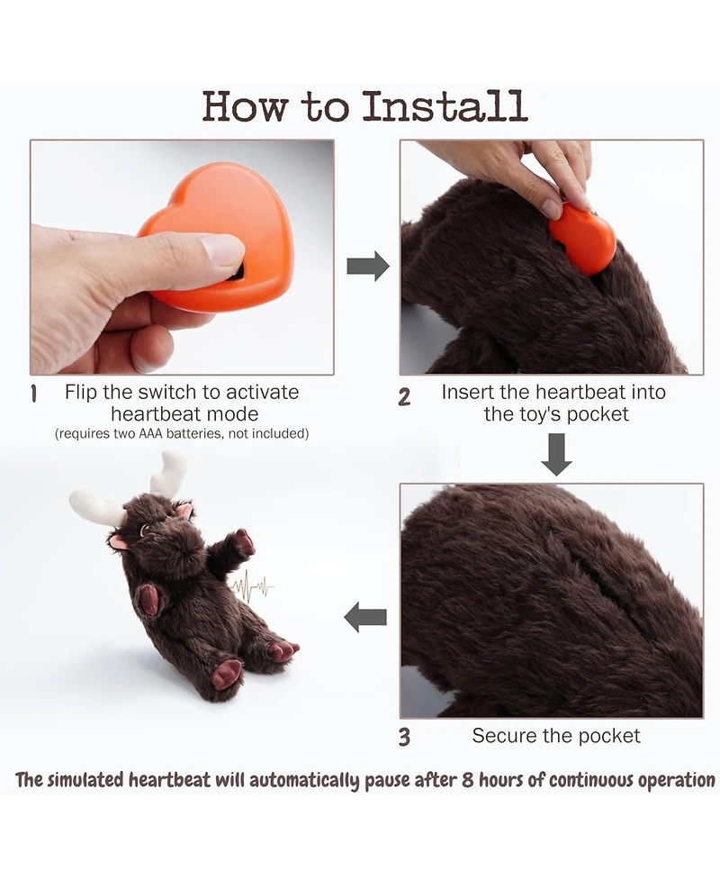 Fuzzwoof Moose HeartBeat Cuddle Dog Toy, Plush Stuffed Animal Pal with Battery-Powered Heartbeat, Ideal Comfort & Anxiety Relief Toy