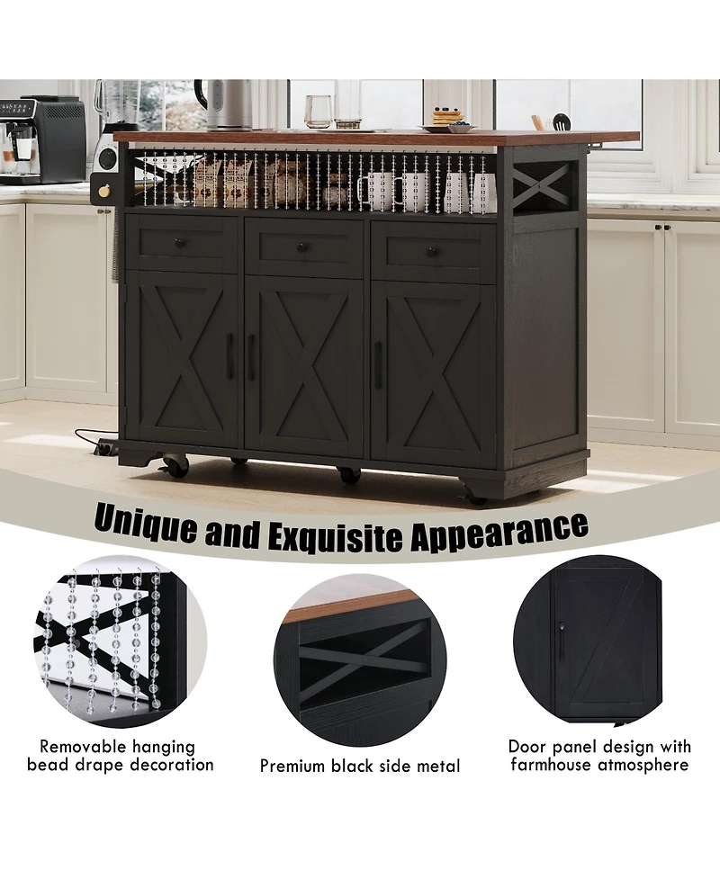 Casainc 46.5" Rolling Kitchen Cart with Drop Leaf, Power Outlet, Beaded Trim, Ample Storage