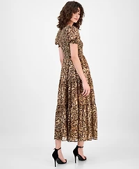 Anne Klein Women's Printed Smocked Animal Print Chiffon Tiered Maxi Dress