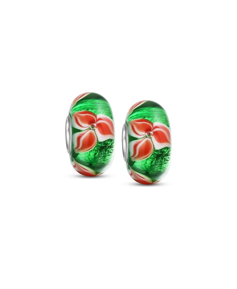 Bling Jewelry Set of 2 Red Green Murano Glass Christmas Charm Bead Sterling Silver for European Bracelets