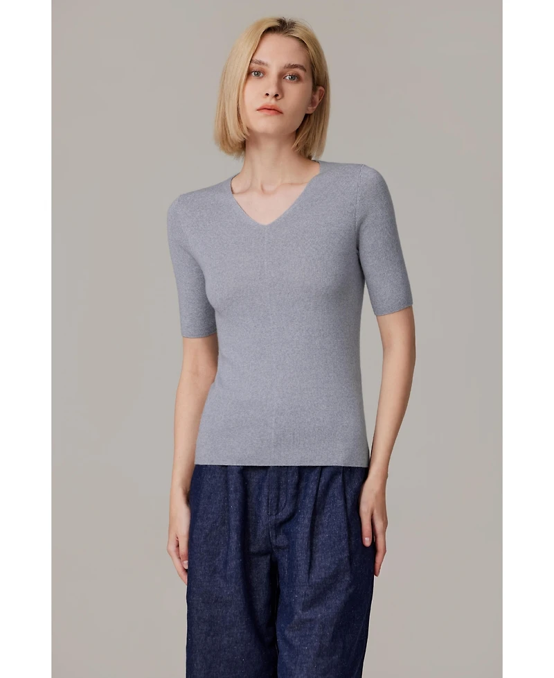 Jennie Liu Women's Merino Wool Lurex Sweater | Shimmer Fine gauge V-Neck Short Sleeve Top Machine Washable Pullover