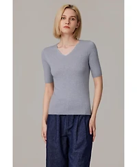 Jennie Liu Women's Merino Wool Lurex Sweater | Shimmer Fine gauge V-Neck Short Sleeve Top Machine Washable Pullover
