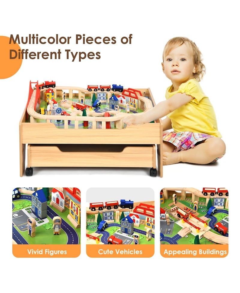 Mecale Children's Wooden Railway Set Table with 100 Pieces Storage Drawers