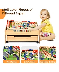 Mecale Children's Wooden Railway Set Table with 100 Pieces Storage Drawers