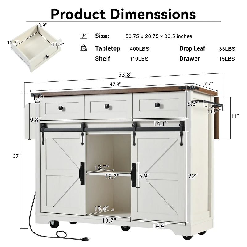 Casainc 53.7" Rolling Kitchen Cart with Barn Doors, Drop Leaf, Power Outlet and Spice Rack (No Stools)