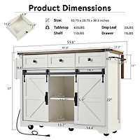 Casainc 53.7" Rolling Kitchen Cart with Barn Doors, Drop Leaf, Power Outlet and Spice Rack (No Stools)