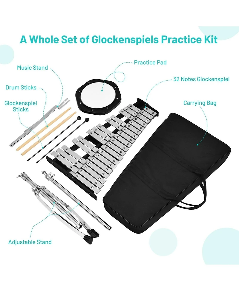 Mecale 32 Note Glockenspiel Xylophone Percussion Bell Kit with Adjustable Stand