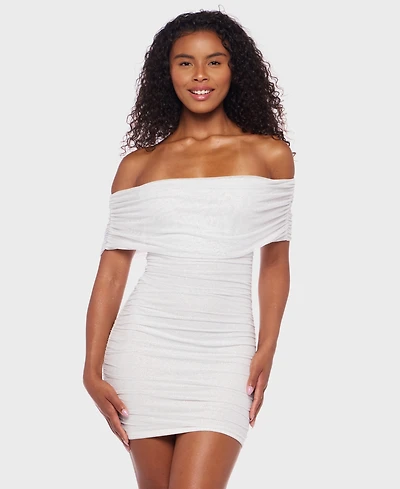 B Darlin Juniors' Off-The-Shoulder Glitter Mesh Bodycon Dress