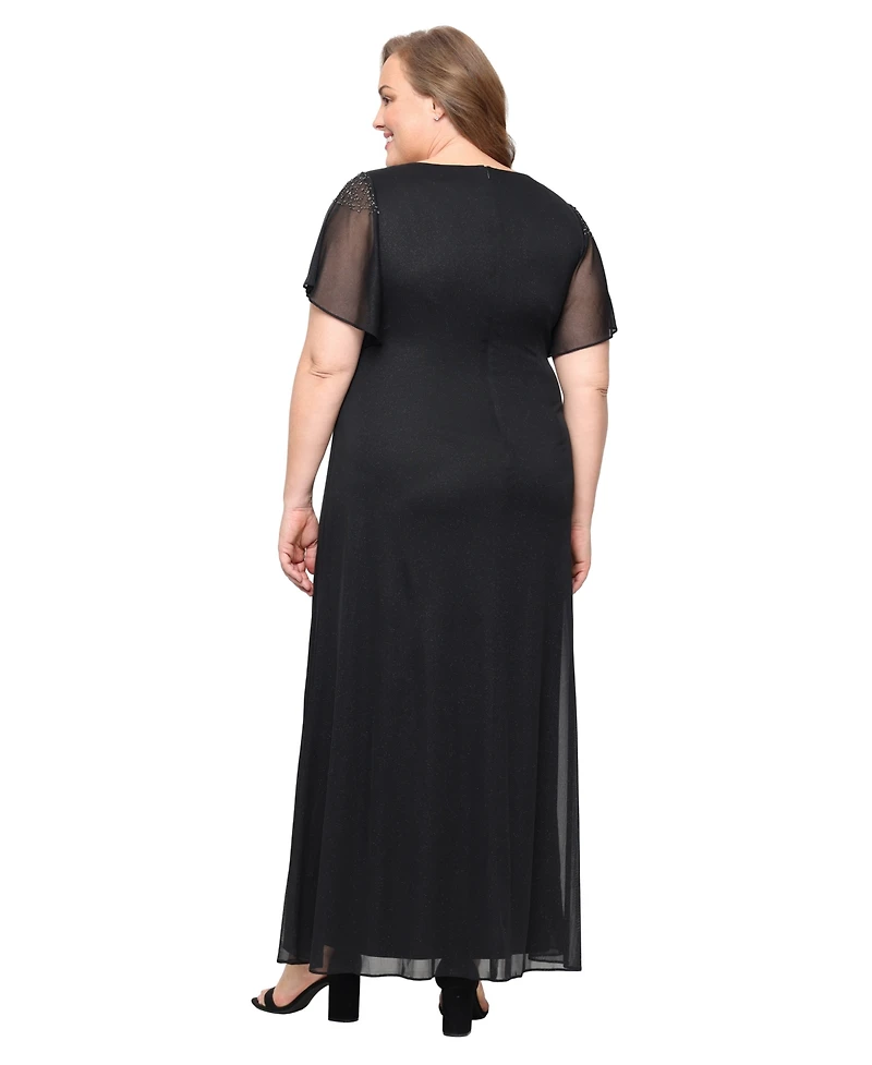 Sl Fashions Plus Flutter-Sleeve Side-Ruched Glitter Gown