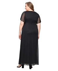 Sl Fashions Plus Flutter-Sleeve Side-Ruched Glitter Gown