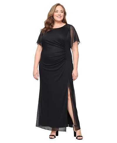 Sl Fashions Plus Flutter-Sleeve Side-Ruched Glitter Gown