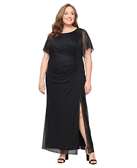 Sl Fashions Plus Flutter-Sleeve Side-Ruched Glitter Gown