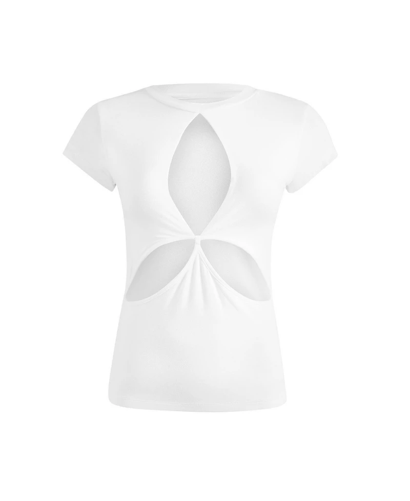 Jendue Women's Cutout Detailed White Basic T-Shirt