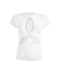 Jendue Women's Cutout Detailed White Basic T-Shirt