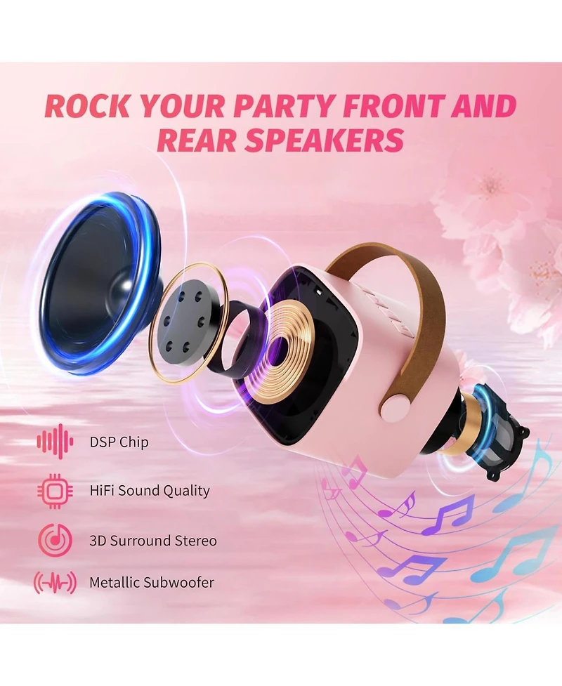 Zealsound Mini Karaoke Machine for Kids, Portable Bluetooth Speaker with 2 Wireless Mics, Led Lights, Gift for Girls & Boys, Ages 3-12+ (Pink)