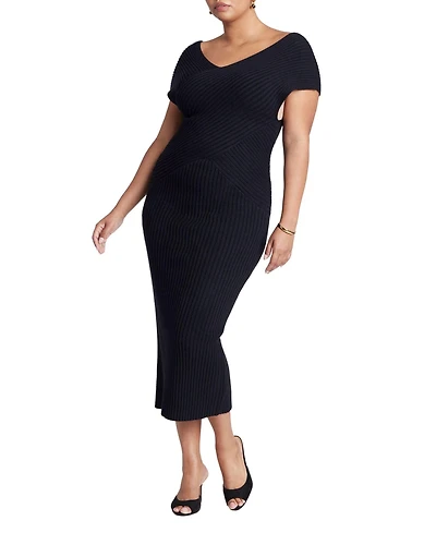 Eloquii Women's Plus Cross Front Rib Midi Sweater Dress