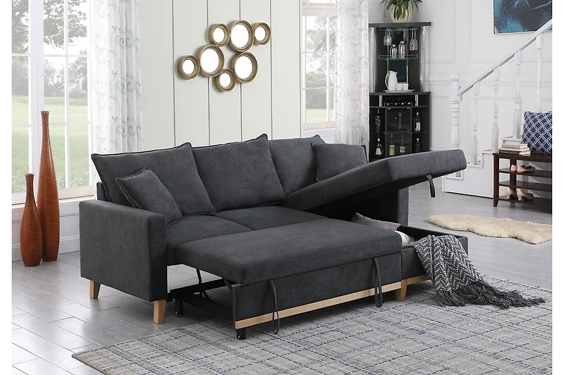 Homlux 84.25"W Dark Gray Woven Reversible Sleeper Sectional Sofa with Storage Chaise