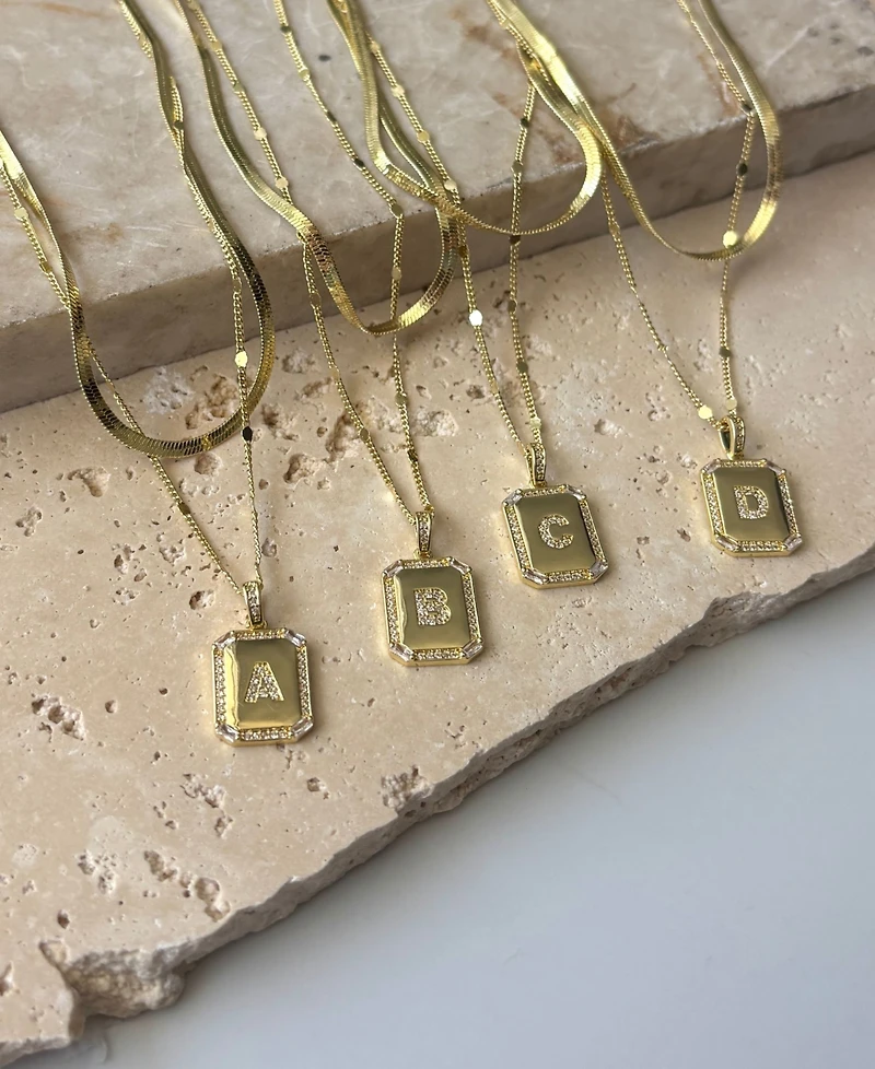 Adornia Gold Pave Tag Pendant and Herringbone Chain Initial Necklace Set